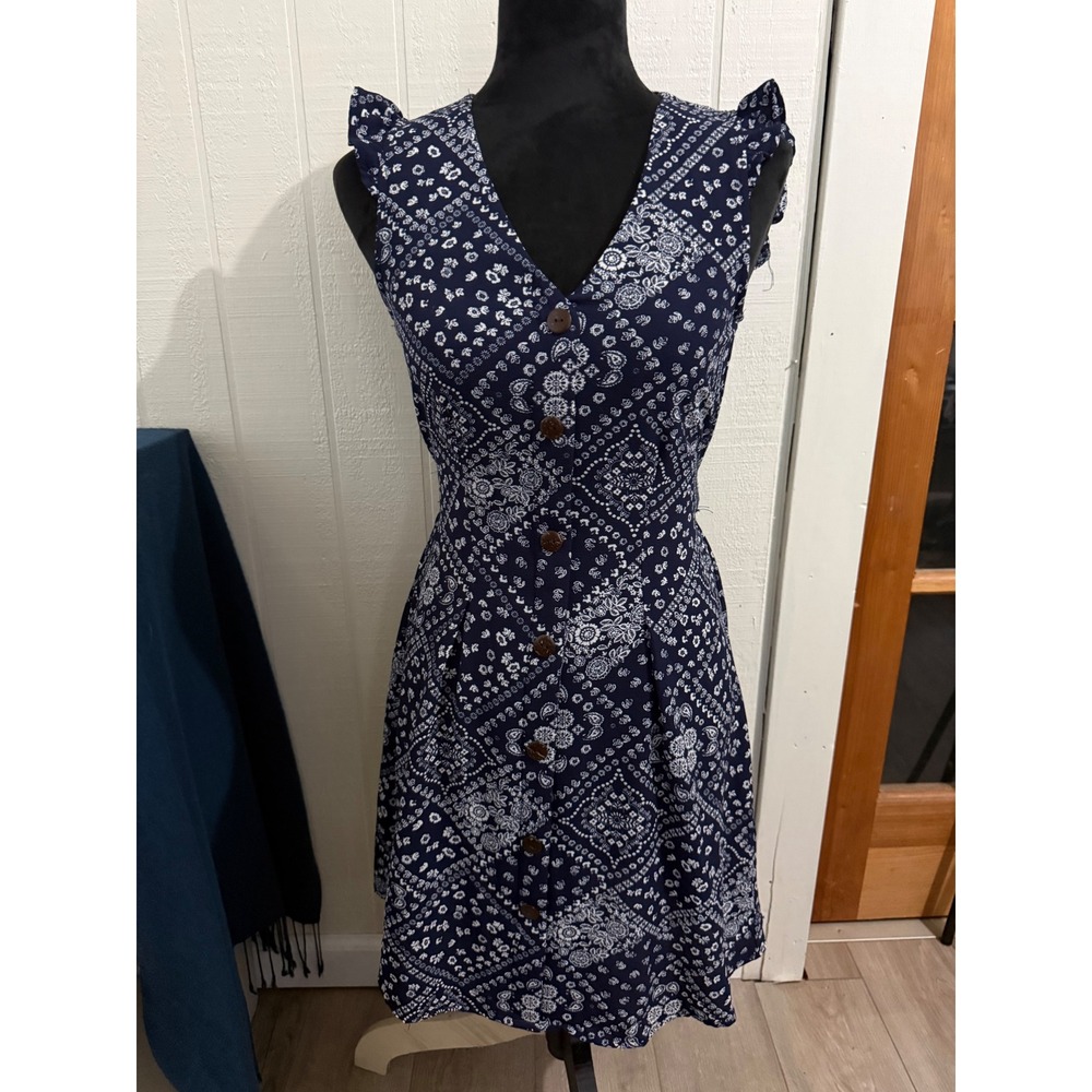 Monteau Los Angeles Navy Blue Bandana Paisley Print Button Front Dress XS